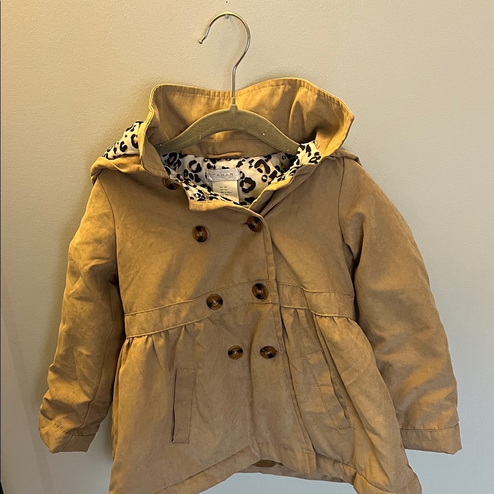 Tahari Tan Kids Pea Coat with Leopard Lining